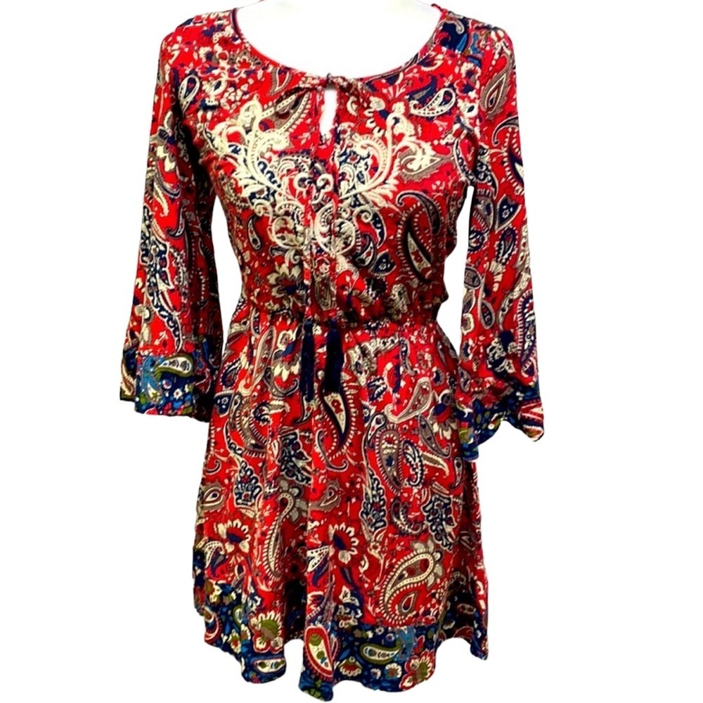 Flying Tomato Red Navy Floral Paisley Dress